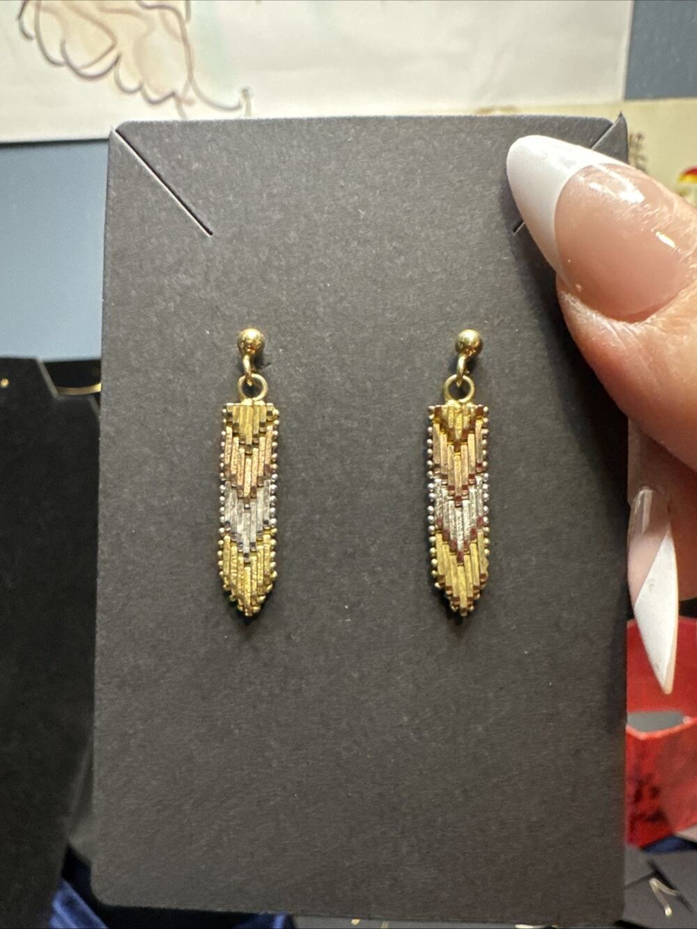Vintage Art Deco Tri Tone Dangle Earrings Gold Silver Copper Geometric